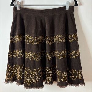 Buffalo David Bitton Brown Corduroy Skirt with Golden Embroidered Pattern